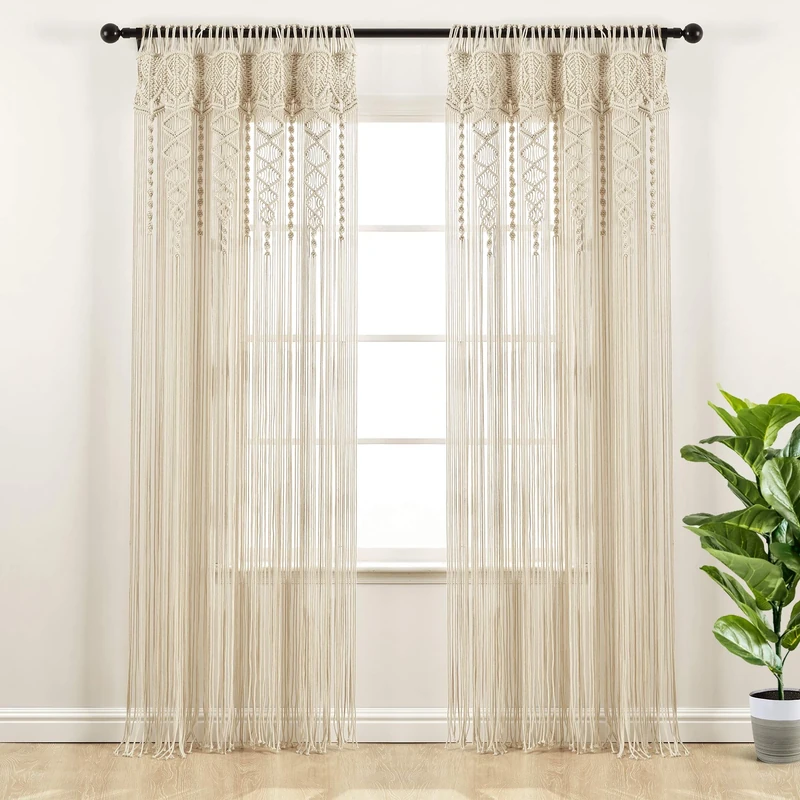 Lush Decor Boho Macrame Textured Cotton Window Curtain/Room Divider/Doorway/Wall Decor, 95" L x 40" W, Neutral