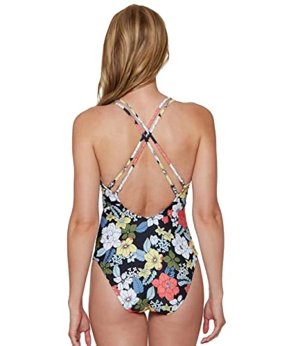 Jessica Simpson Women's Standard V Neck One Piece Swimsuit Bathing Suit, Mandarin Multi, Small