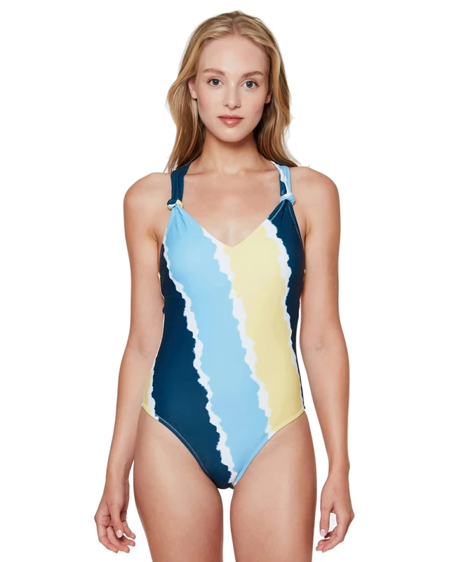 Jessica Simpson Women's Standard V Neck One Piece Swimsuit Bathing Suit, Sol Multi, Small
