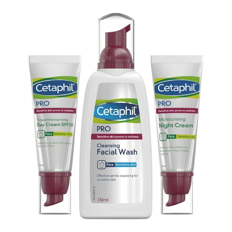 Cetaphil PRO Face wash 236 ml with Tinted Moisturiser Day Cream 50ml and Night Cream 50ml, Sensitive Skin Care, Anti Redness Rosacea, Non-comedogenic, Dermatologist recommended