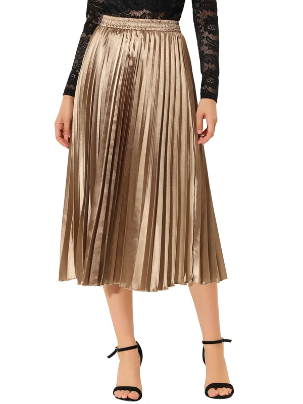 Allegra K Women's Elastic Waist Party Metallic Shiny Accordion Pleated Midi Skirt, Gold-Brown, L
