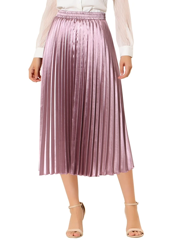 Allegra K Women's Pleated Midi Skirt Elastic Waist Metallic Shiny Accordion Party Skirts, Rose Purple, L