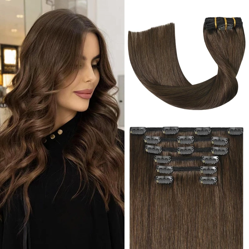 UGOTRAYS Medium Brown Clip in Hair Extensions Real Human Hair, 70g 7pcs 18inch,Soft & Natural Straight Double Weft for Women #4 Chocolate Brown Human Hair Extensions - Image 1
