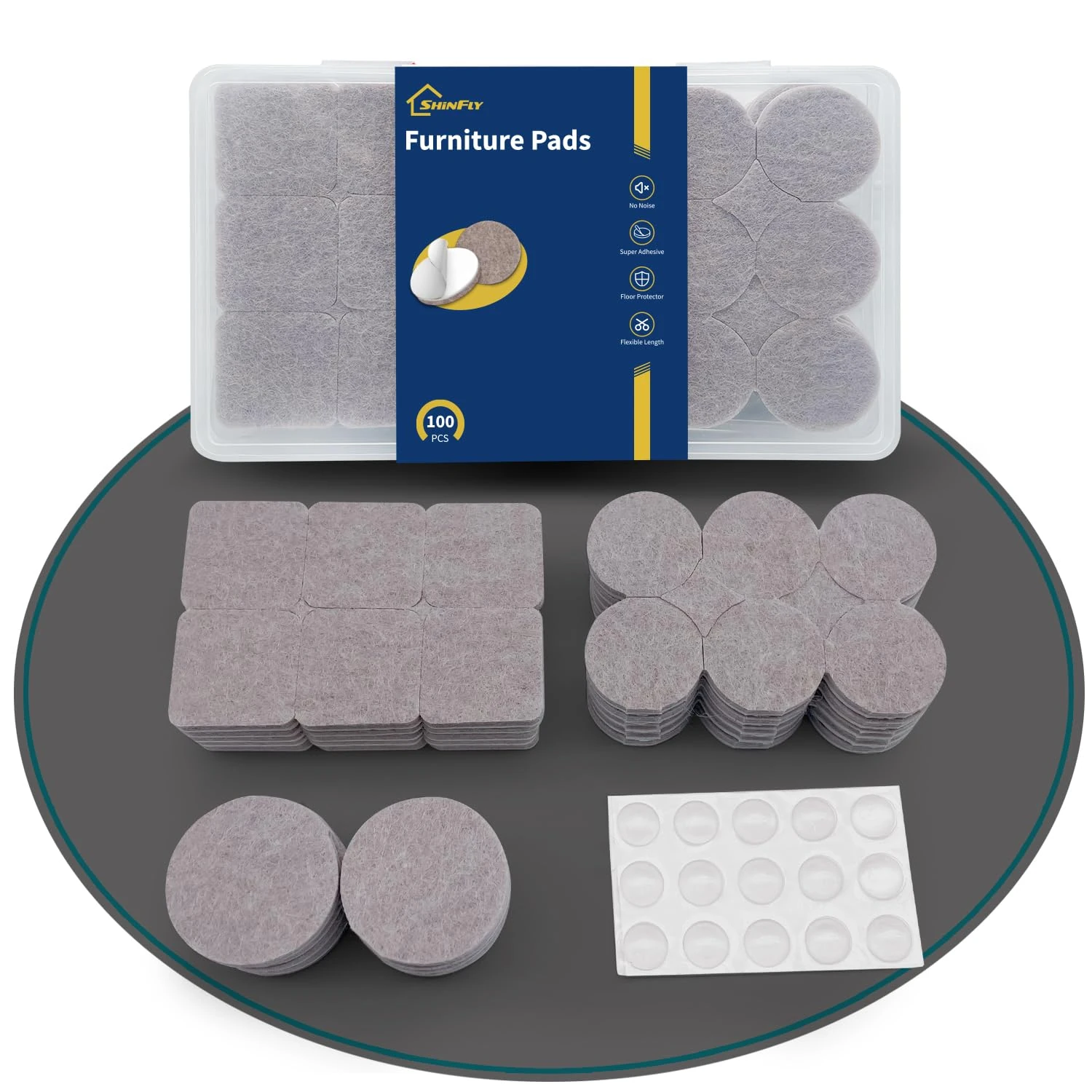 shinfly 100 Pieces Self Adhesive Felt Pads (Square and Round) - Professional Furniture Felt Pads with Transparent Damper