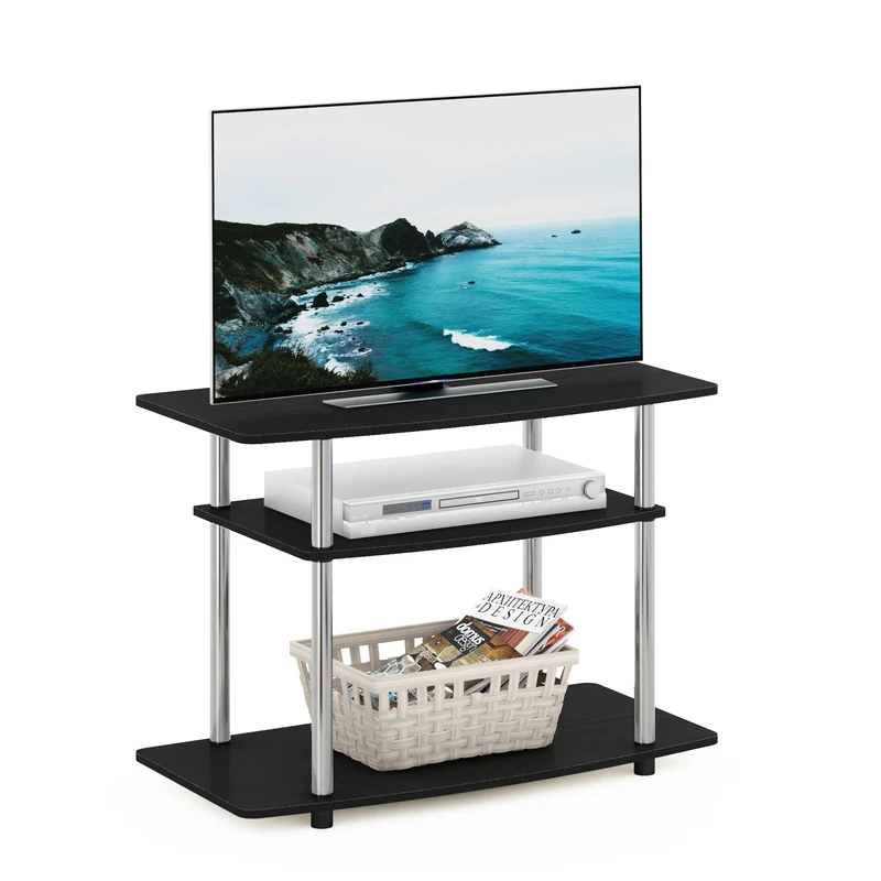 Furinno TURN-N-TUBE TV Stand, 3-Tier No Tools Entertainment Center, TV Console for TV up to 32 Inch, for Living Room, Bedroom, Americano/Stainless Steel Tubes