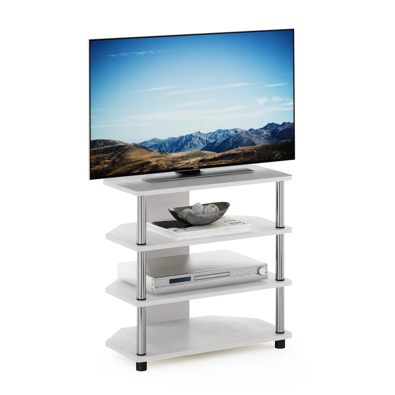 Furinno ECON TV Stand, 4-Tier Petite Entertainment Center, TV Console for TV up to 32 Inch, Easy Assembly, for Living Room, Bedroom, White Oak/Stainless Steel Tubes
