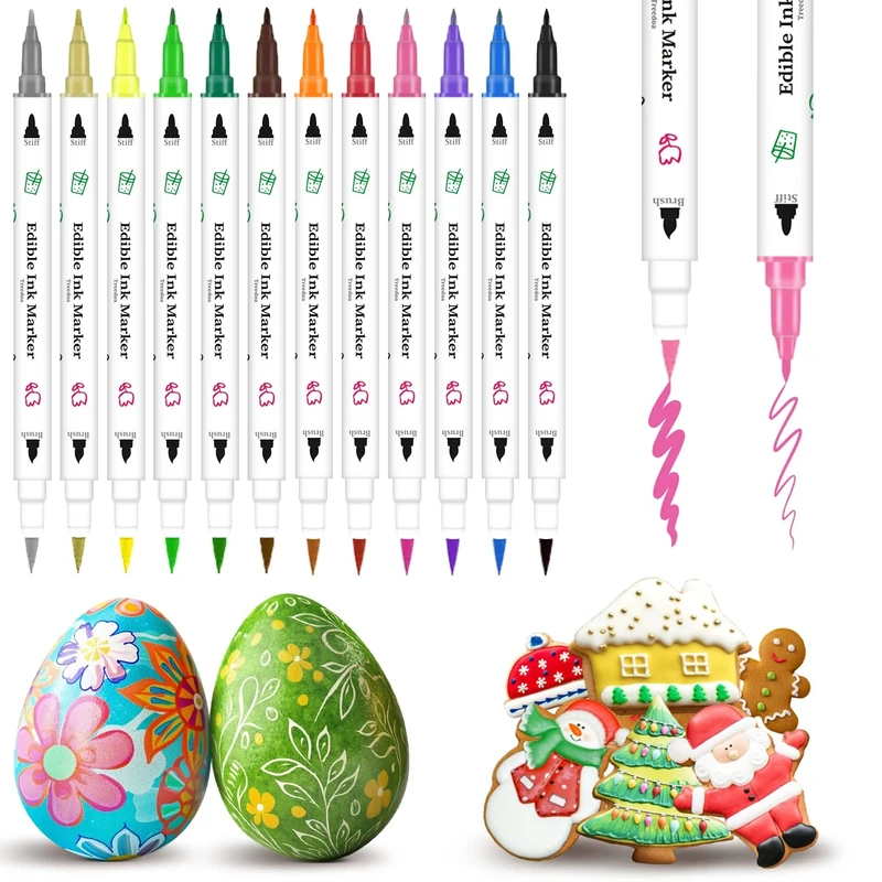 Food Colouring Pen,12pcs Edible Markers Icing Pens Double Side Food Grade Edible Pens for Cake Decorating with Fine&Thick Tip,Gourmet Writer for Cookies,Fondant,Desserts,Easter Eggs(For 14+ Year Old)