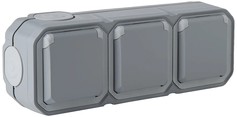 Legrand - Triple Socket with Waterproof Grounding Pre-wired with Perspex Flap 16A 250V Complete for Horizontal Mounting in Grey Surface Mount