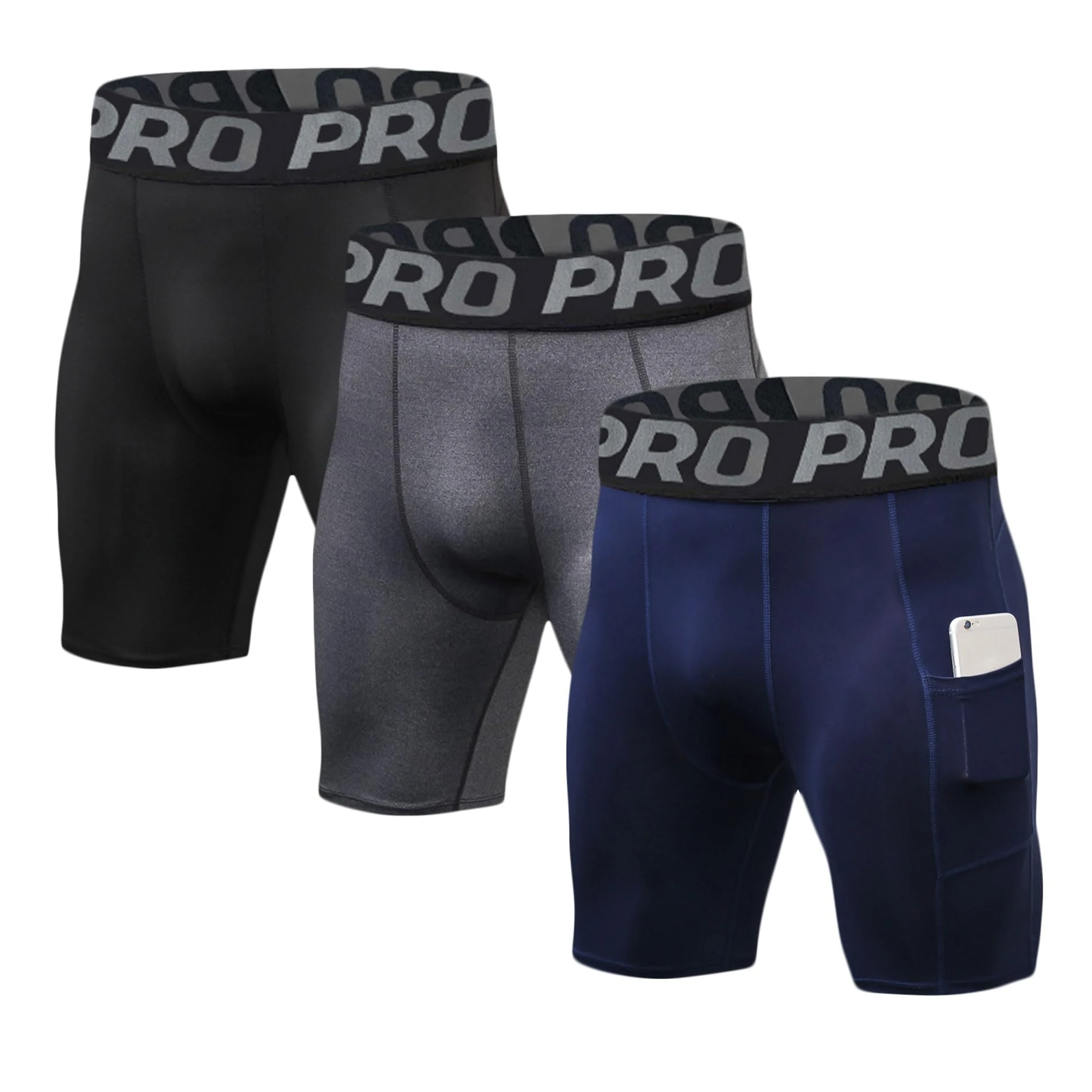 LANBAOSI 2-3Pack Mens Compression Shorts with Phone Pocket Athletic Running Underwear for Men Gym Workout Sports Base Layer Short Tights