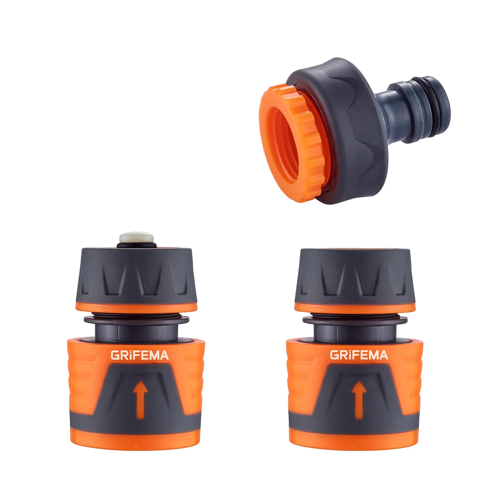 GRIFEMA GE1103 Garden Hose Connector Kit including 1/2" Waterstop Connector, 1/2" Quick Coupling and 1/2" - 3/4" Premium Female Fittings Grey - Orange