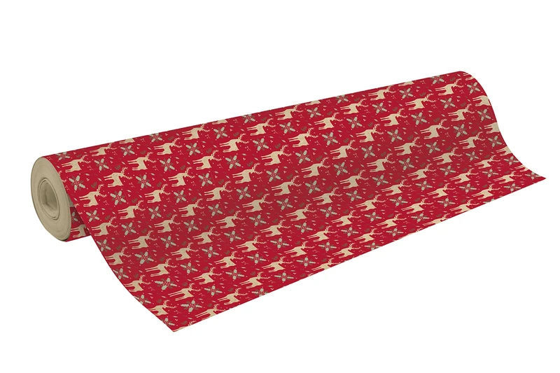 Clairefontaine 223901C - A Reel of Recycled Raw Kraft Paper - 50mx70 cm - 70g - Pattern: Red Reindeer, Christmas - Recycled paper, ideal for gift wrapping - Image 1