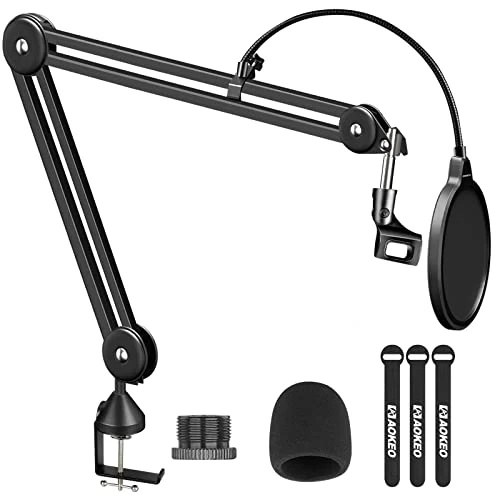 Aokeo Heavy Duty Microphone Stand for Blue Yeti, Spark & More, Medium, with Windscreen, Dual Layered Mic Pop Filter & Suspension Boom Arm