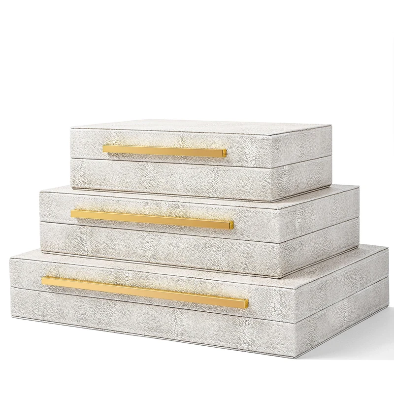 XINSTAR Faux Ivory Shagreen Leather Decorative Boxes,Decorative Storage Boxes With Lids 3 Pcs Set,Storage Boxes Jewelry Organizer,Women'S Accessory Organizer Men'S Jewelry Organizer (Ivory)