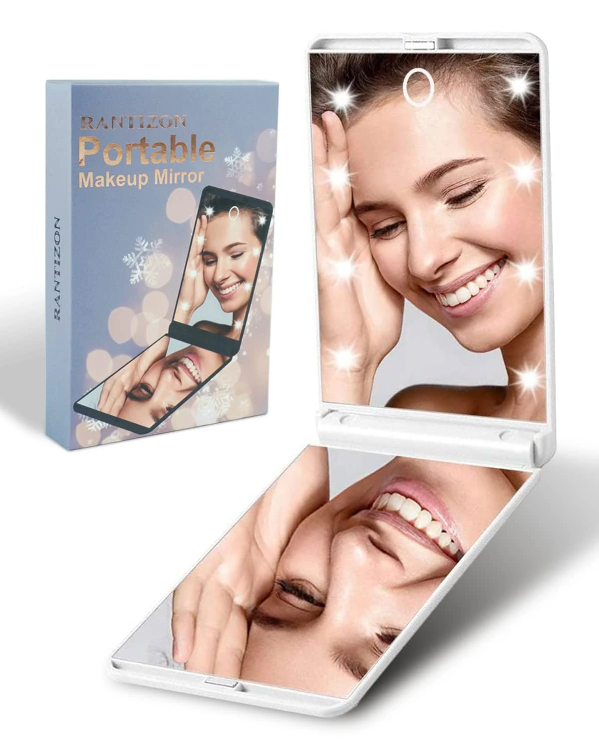 Rantizon Christmas Stocking Fillers Portable Makeup Mirror Dimmable 8 LEDs Lighted Mirror 1X & 2X Magnification Gifts for Women & Teenage Girls White