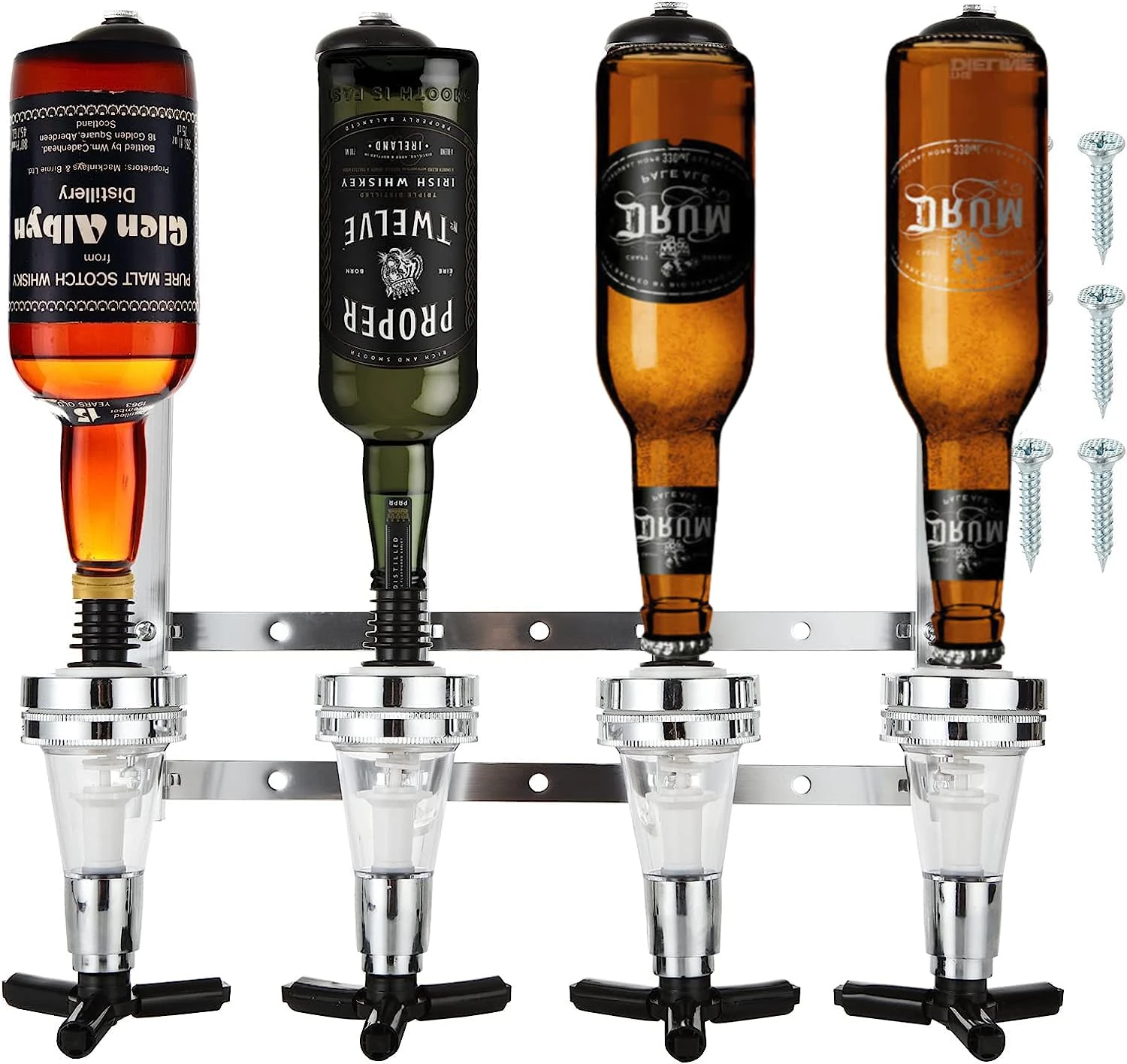 AHUNTTER 4 Bottle Optics for Spirits Bar Butler Wall Mounted Bottle Bracket Alcohol Wine Upside Down Drink Dispenser Stand Rack for Home Pub or Kitchen Bar, 30ml Optic Spirit Barware Set