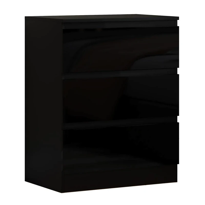 FWStyle Scandinavian 3 Drawer Chest of Drawers Black Gloss, Compact Bedroom Storage Furniture with Handleless Design and Metal Runners, Scratch Resistant Finish, H77 x W60 x D40cm
