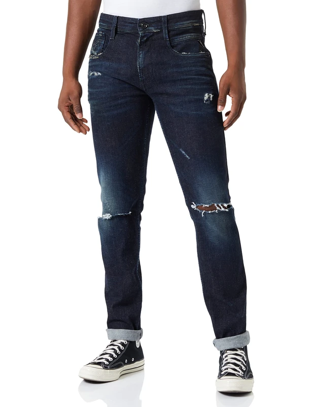 REPLAY Men's Anbass Broken Edge Jeans, 007 Dark Blue, 28 W/32 L