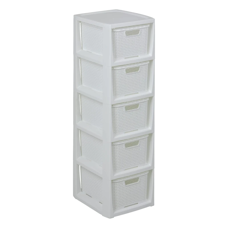 BranQ Home Essential Shelf in Rattan Design, BPA-Free Plastic PP (polypropylene), White, 29.5 x 24 x 80 cm, 5 Baskets