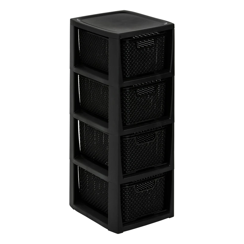 BranQ Home essential Shelf in Rattan Design, BPA-Free Plastic PP (polypropylene), Black, 29.5 x 24 x 64.2 cm, 4 Baskets