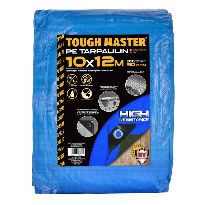 TOUGH MASTER 7 Sizes Heavy Duty Tarpaulin Waterproof Cover Tarp Ground Sheet (Blue/Green, 10 X 12M)