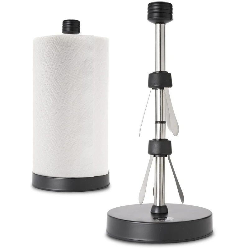 Stainless Steel Black Paper Towel Holder Designed for Easy One-Handed Operation - This Sturdy Weighted Paper Towel Dispenser Countertop Model Has Suction Cups and Holds All Paper Towel Rolls
