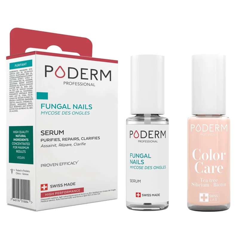 PODERM - Fungal Nails, Yellow & Damaged. Easy & Fast Treatment for Hands/Feet Using Swiss Anti-Fungal Actives & Tea Tree Powder Pink Nail Varnish