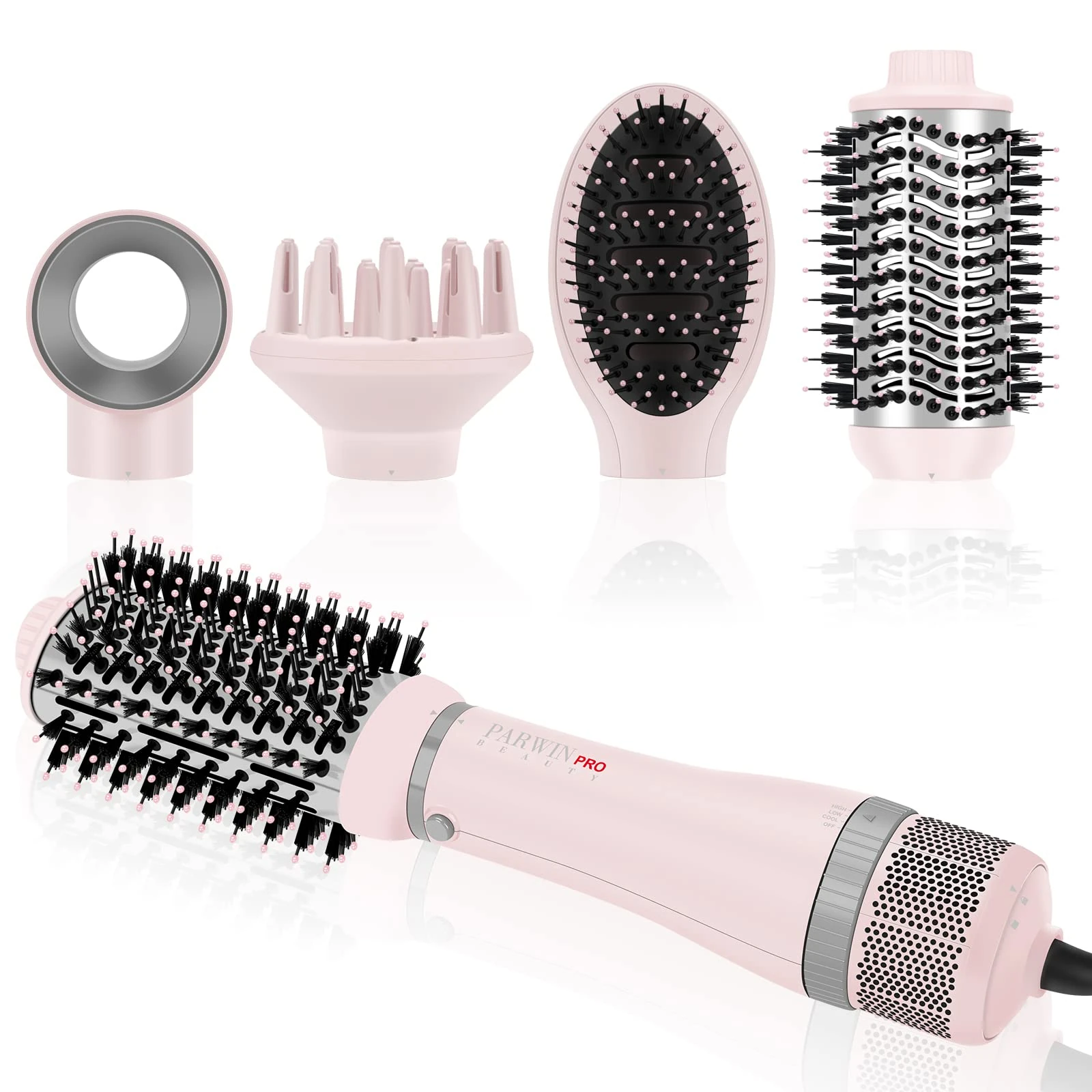 4 in 1 Hair Dryer Brush Set, Multi Air Styler with 4 Attachments as Hairdryer, Hot Air Brush, Hair Diffuser, Hot Brush for Hair Styling, Ionic Care Frizz-Free, Pink