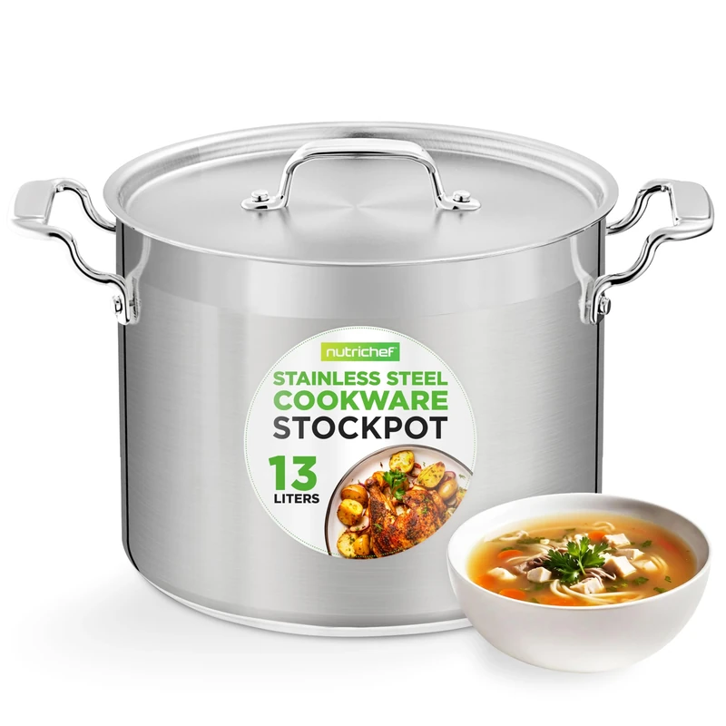 NutriChef Stainless Steel Stock Pot with Lid, 13L Big Stockpots for Stew, Soup, Pasta, Meat- Induction Ready, Large Cooking Pot with Ergonomic Handles