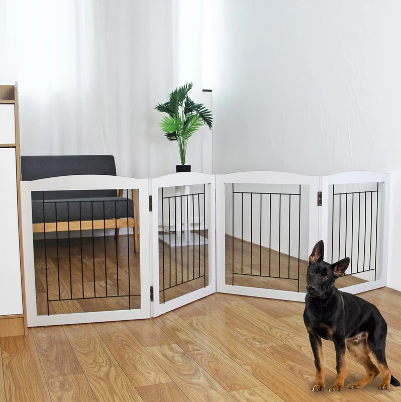 ZJSF Freestanding Foldable Dog Gate for House Extra Wide Wooden White Indoor Puppy Gate Stairs Dog Gates Doorways Tall Pet Gate 4 Panels Fence 80‘’W x 24''H