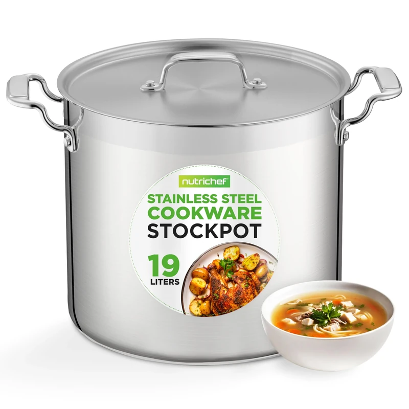 NutriChef Stainless Steel Stock Pot with Lid, 18.9L Big Stockpots for Stew, Soup, Pasta, Meat- Induction Ready, Large Cooking Pot with Ergonomic Handles