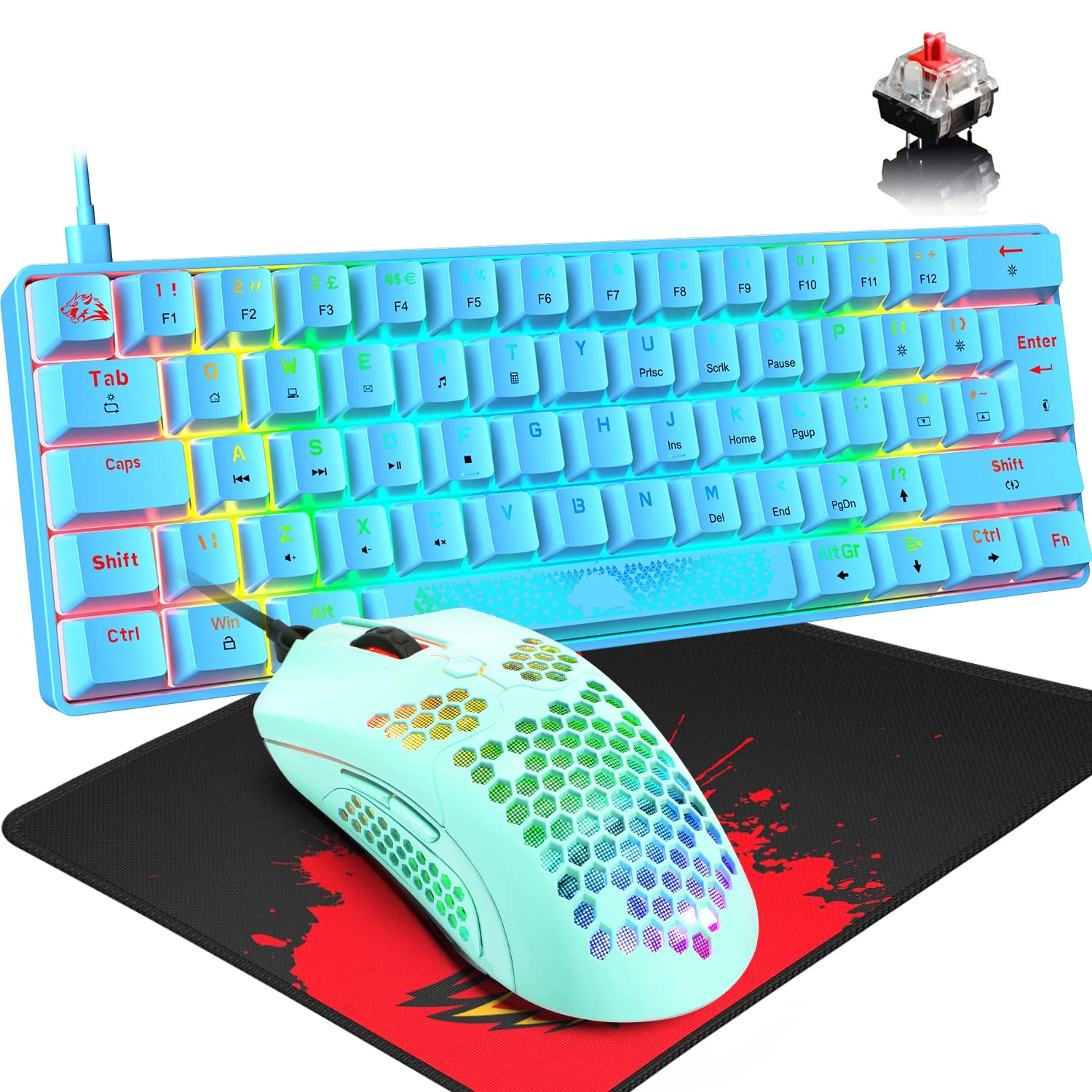 RGB Mini 60% Mechanical Gaming Keyboard UK Layout 62-Key 18 Chroma Backlit Red Switch Wired Compact Keyboard with radiant Spacebar+12000DPI 65G Lightweight Gaming Mouse for PS4/Xbox/PC/Laptop-Blue