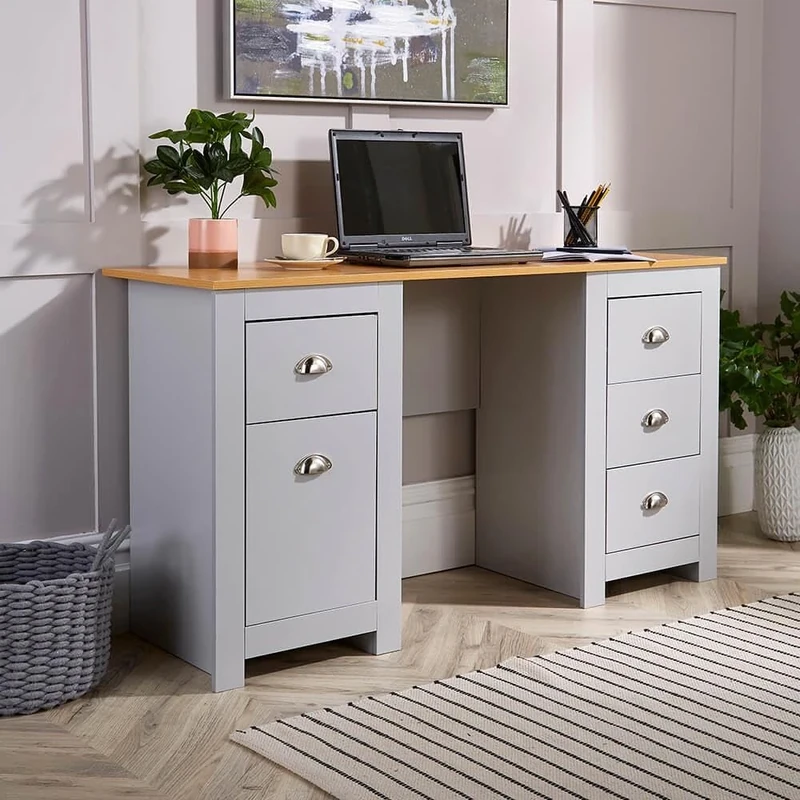 Home Source Office Computer Desk, Dressing Table, 4 Drawers, 1 Cupboard, Oak Effect top, Grey
