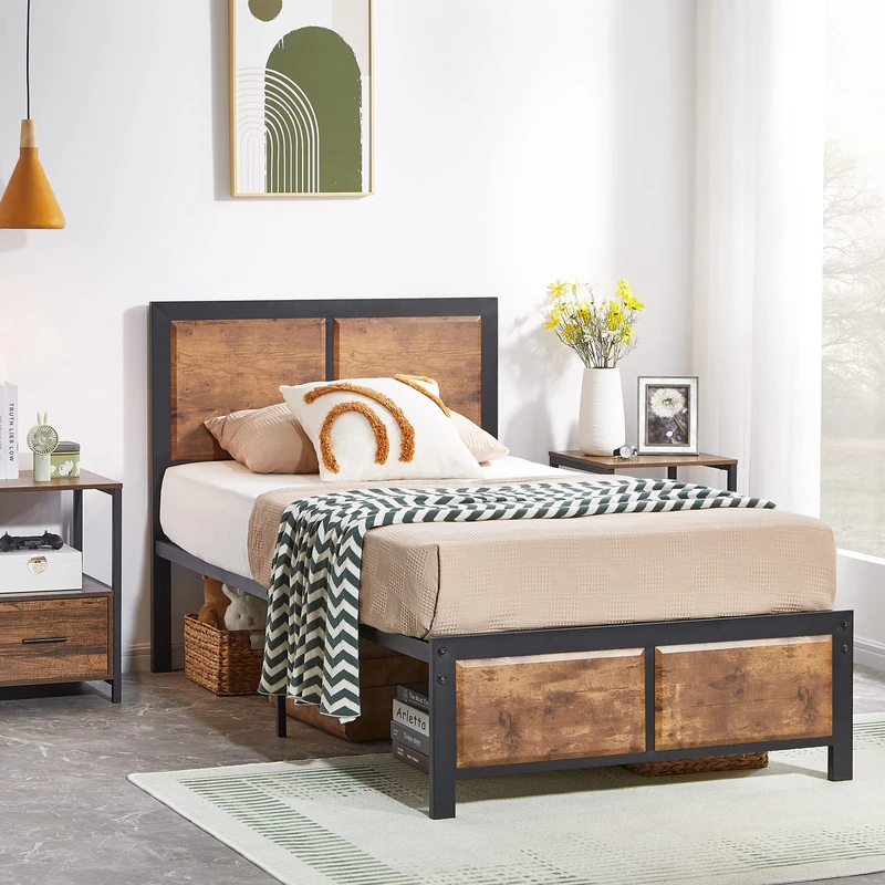VECELO Single Platform Bed Frame/Mattress Foundation with Rustic Vintage Wood Headboard, Strong Metal Slats Support, No Box Spring Needed