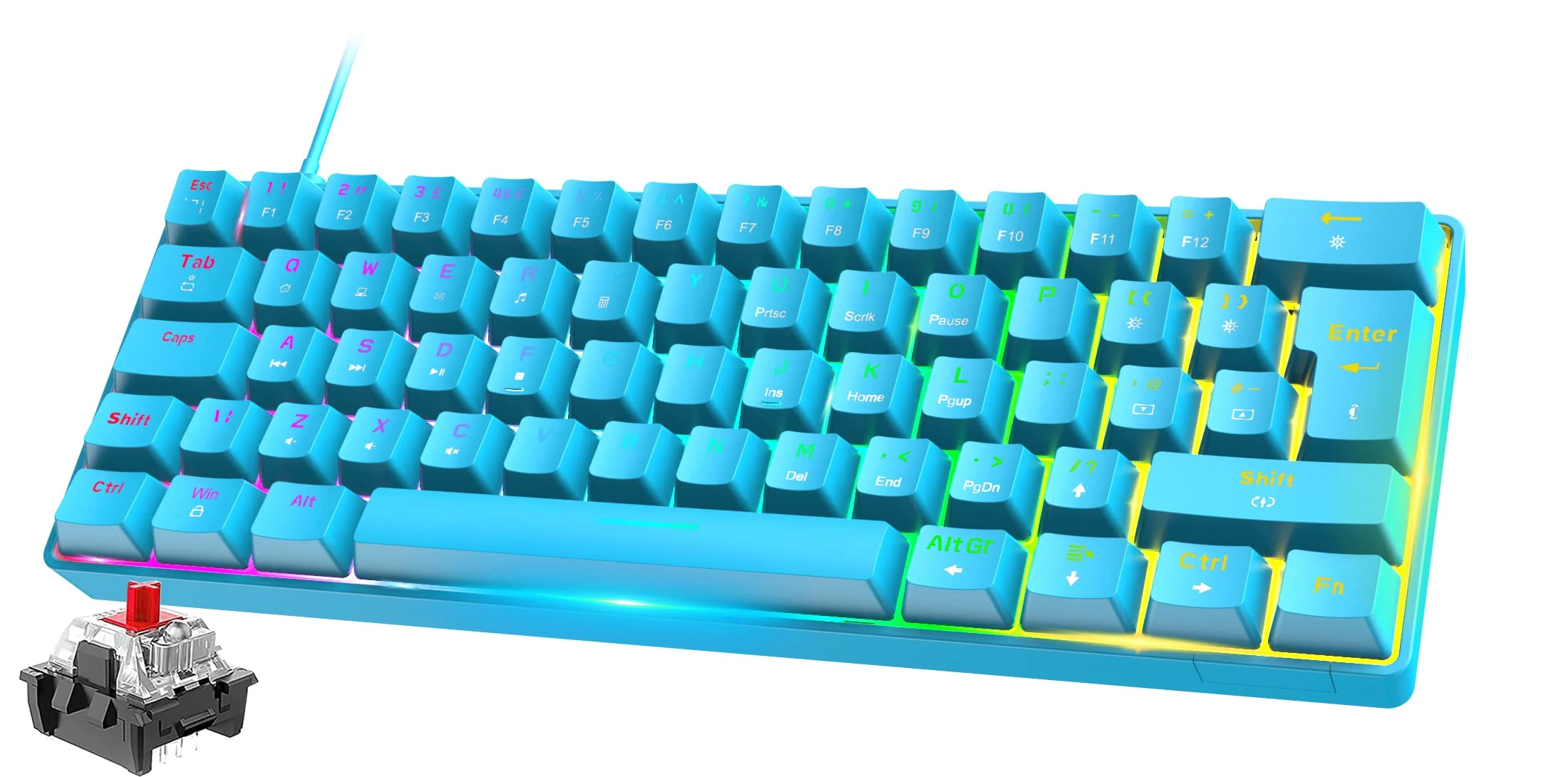 FELiCON RK-T60 Mini 60% Percent Gaming Mechanical Keyboard,Pro Compact 62 Keys UK Layout,18 RGB Illuminated LED Chroma Backlit, Detachable USB-C Wired Waterproof for PC Mac PS4 XBOX-Blue/Red Switch