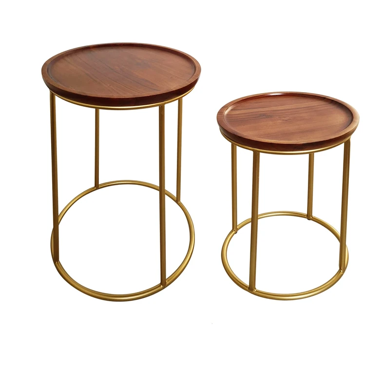 ASPECT Delphyne Wooden Round Nest of 2 Tables with Metal Legs, Brown/Gold, L 40 Dia x 56(H) cm/S 30 Dia x 45.5 (H) cm