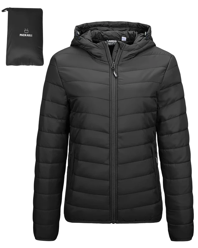 Outdoor Ventures Women's Winter Lightweight Puffer Jacket with Hood, Warm, Short, Packable, Quilted, Transitional, Padded Jacket for Ladies, Lined for Hiking, Travel Black XS