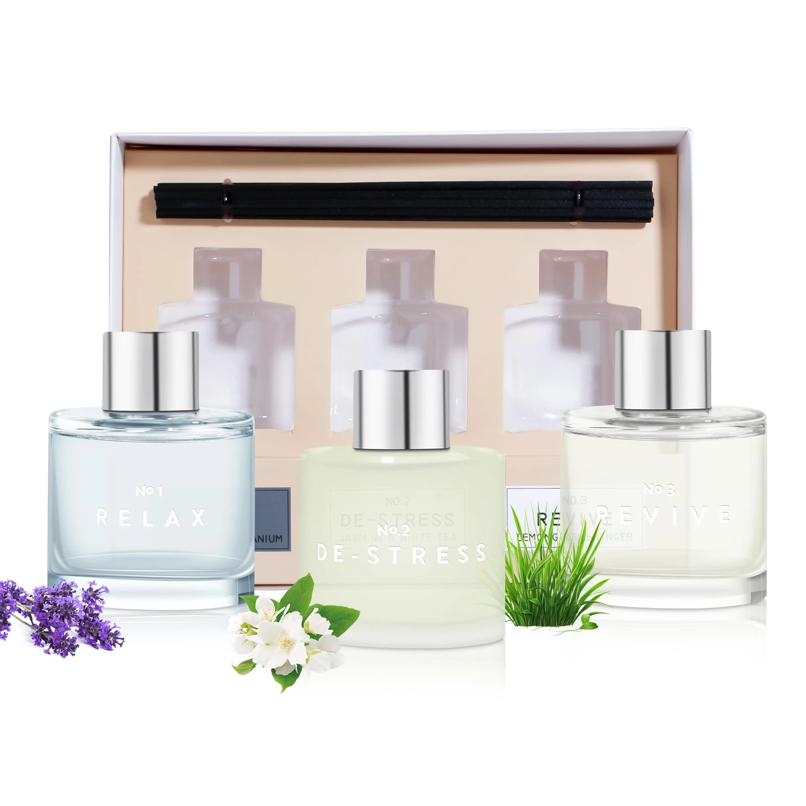 DIUFJAG Set of 3 Fragrance Reed Diffusers,50ml Lavender Jasmine Lemongrass Aromatherapy Diffuser Set with 12 Black Fiber Sticks,Air Freshener for Bedroom Bathroom Office