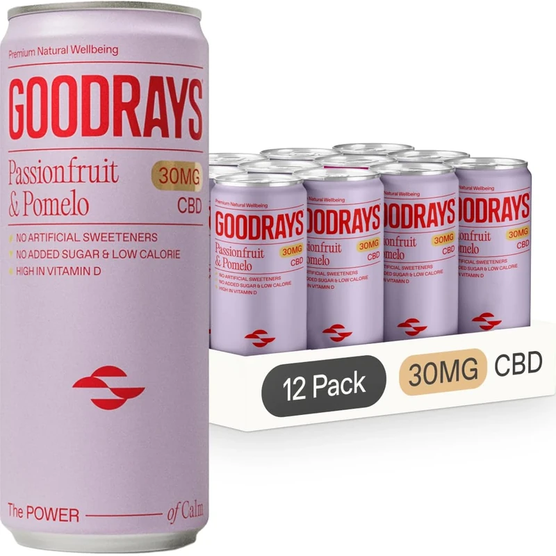 GOODRAYS CBD Drinks, Sparkling Low Calorie Soft Drink, Vegan, Passionfruit & Pomelo, 12 x 250ml Cans, Packaging May Vary