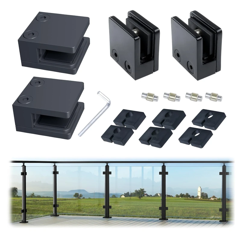 Muzata 4Pack Black Glass Clamp for Glass Thickness 5/16"-1/2"(8mm-12mm) Stainless Steel Heavy Duty 1 3/4" x 1 3/4" Square Glass Railing Clamp Glass Balustrade Post, GA04 BP4