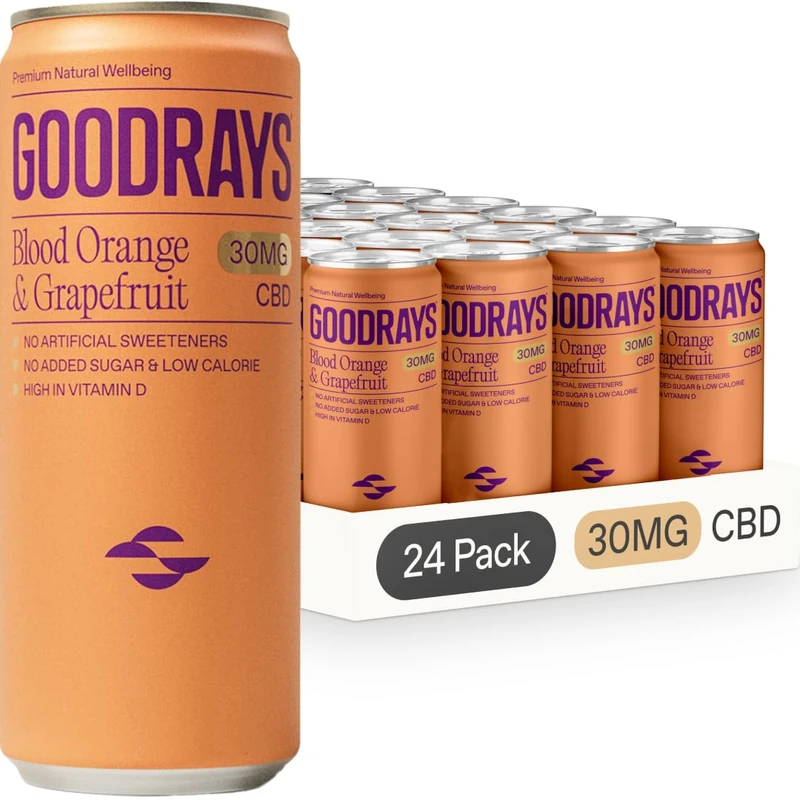 GOODRAYS CBD Drinks, Sparkling Low Calorie Soft Drink, Vegan, Blood Orange & Grapefruit, 24 x 250ml Cans, Packaging May Vary