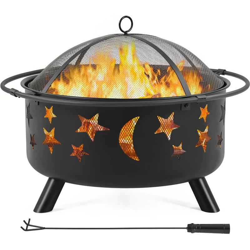 Yaheetech Large Fire Pit with Stars & Moons, Wood Burning Fir Pit with Poker & Mesh Cover for Backyard/Outdoor, Black