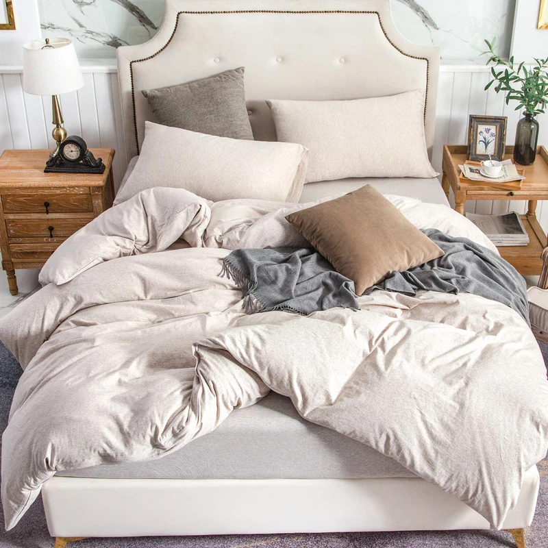 PURE ERA Jersey Knit Duvet Cover Set 100% T-Shirt Cotton Super Soft Comfy 3pc Bedding Set with Zipper Closure (Heather Beige, California King)