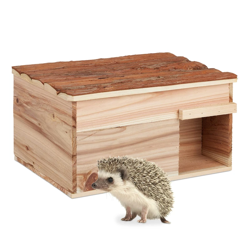 Relaxdays Hedgehog House, with Floor, Door Entrance, Wooden, Protect, Hibernation, Hutch, HxWxD: 21x40x30 cm, Natural