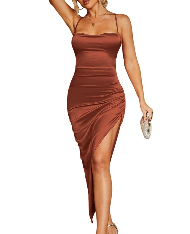 Parthea Women's Satin Lace up Backless High Slit Dress Asymmetric Hem Cocktail Clubwear Midi Elegant Dresses for Evening Party, Brown, Medium