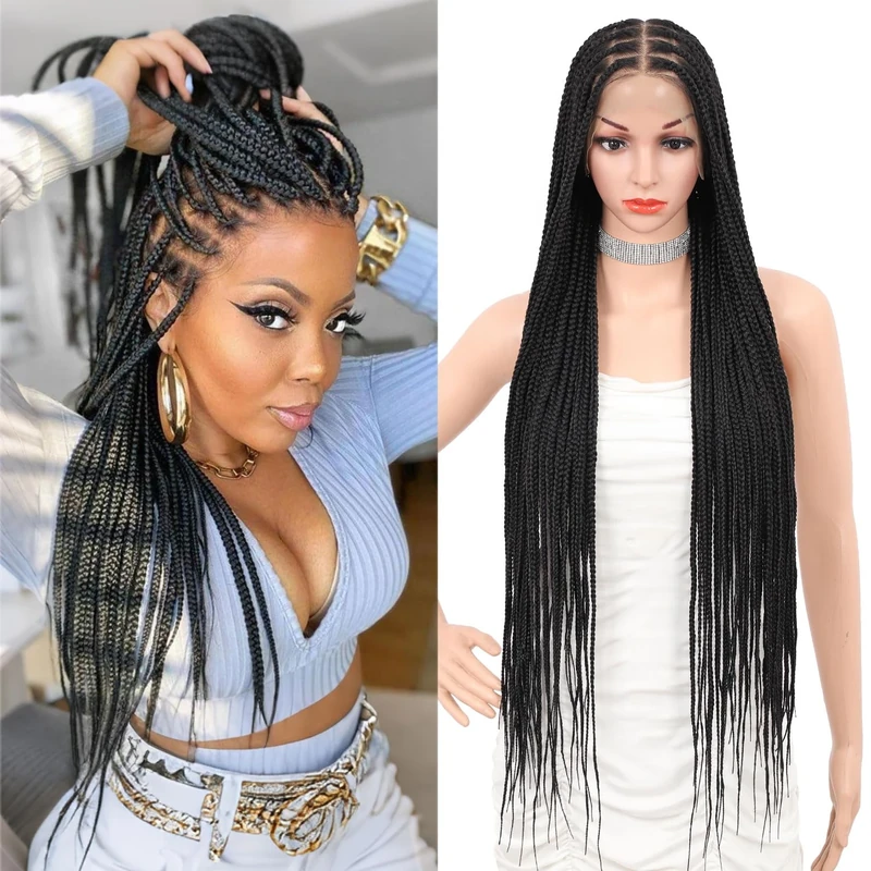 Fecihor 36" Knotless Braided Wigs 13x8 HD Lace Front Box Braids Lace Frontal Wig for Women Premium Synthetic Black Hand Full double lace Braid Wig With Baby Hair