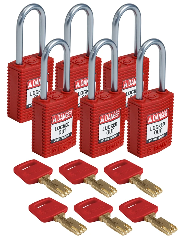 Brady CPT-RED-38AL-KD6PK SafeKey Padlock, Red, 3.0 in H x 1.25 in W x 0.75 in D, Set of 6 Pieces