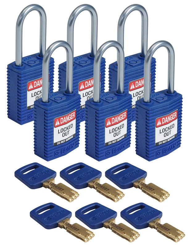 Brady CPT-BLU-38AL-KD6PK SafeKey Padlock, Blue, 3.0 in H x 1.25 in W x 0.75 in D, Set of 6 Pieces