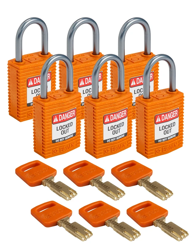 Brady CPT-ORG-25AL-KD6PK SafeKey Padlock, Orange, 2.6 in H x 1.25 in W x 0.75 in D, Set of 6 Pieces