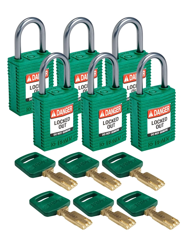 Brady CPT-GRN-25AL-KD6PK SafeKey Padlock, Green, 2.6 in H x 1.25 in W x 0.75 in D