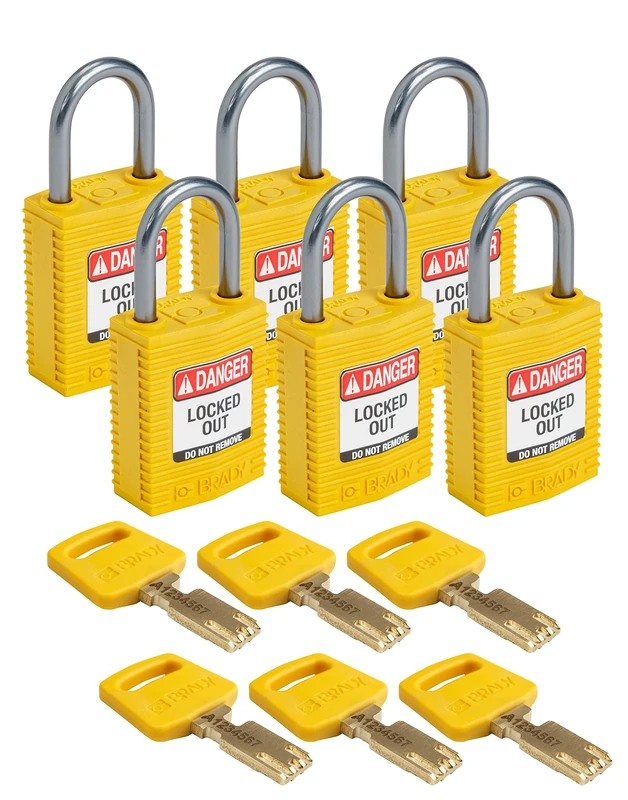 Brady CPT-YLW-25AL-KD6PK SafeKey Padlock, Yellow, 2.6 in H x 1.25 in W x 0.75 in D, Set of 6 Pieces